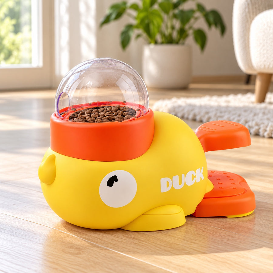 Nordicfall Duck, treat dispensing puzzle toy for dogs, on a light wooden floor