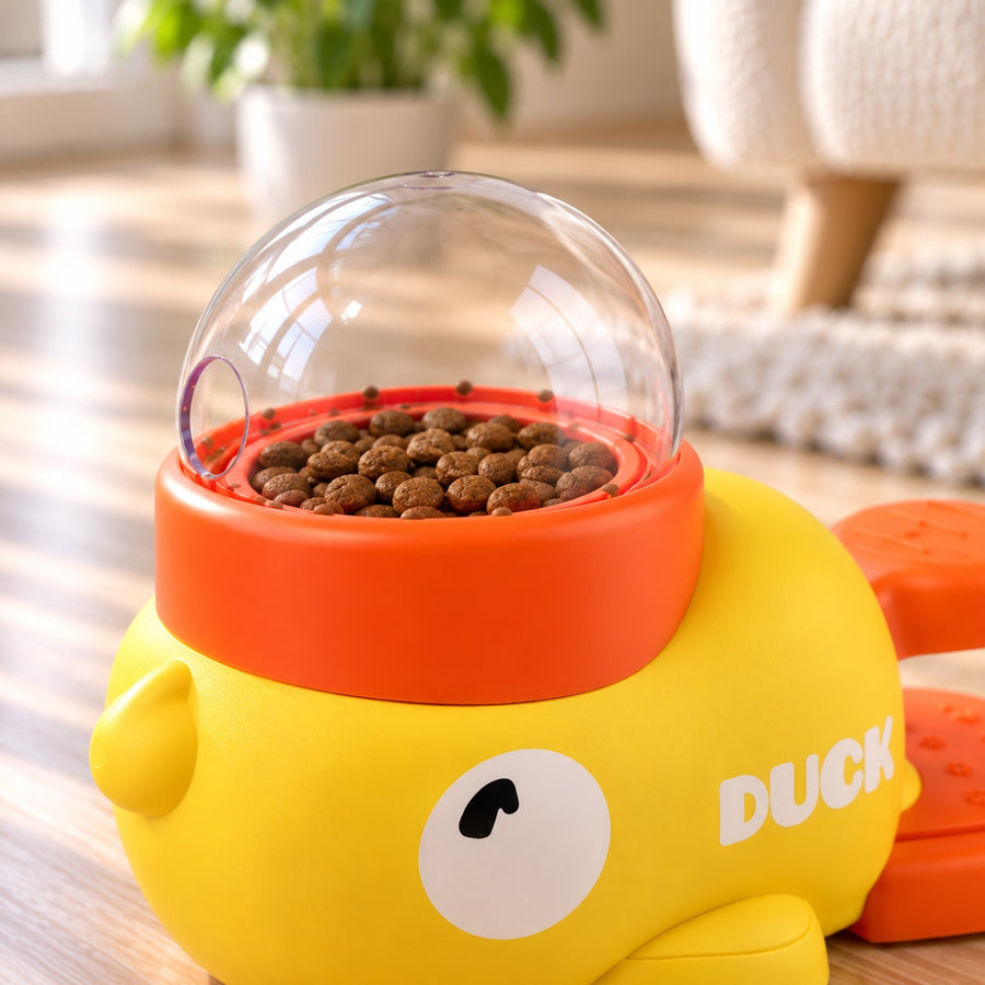 Close-up of the clear dome with kibble in the puzzle toy