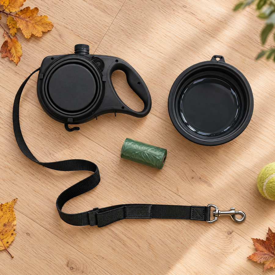 Leash handle, water bowl, poop bag roll and leash laid out on a wooden floor