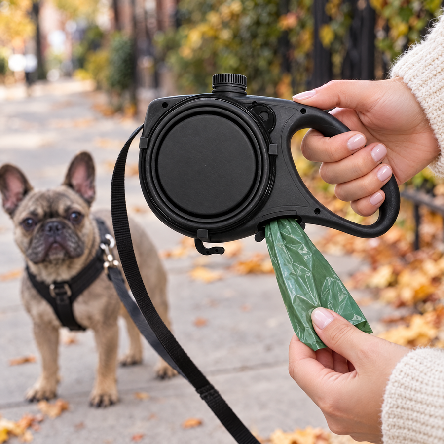 Pulling a poop bag from the dispenser built into the leash handle