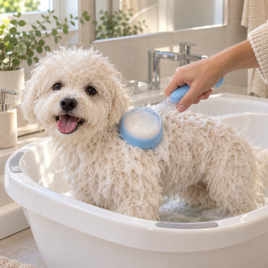 Bichon Frise in the bath with the bath brush against its coat