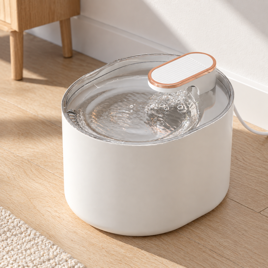 Nordicfall Water Fountain in white, quiet 3-liter pet water fountain on an oak floor