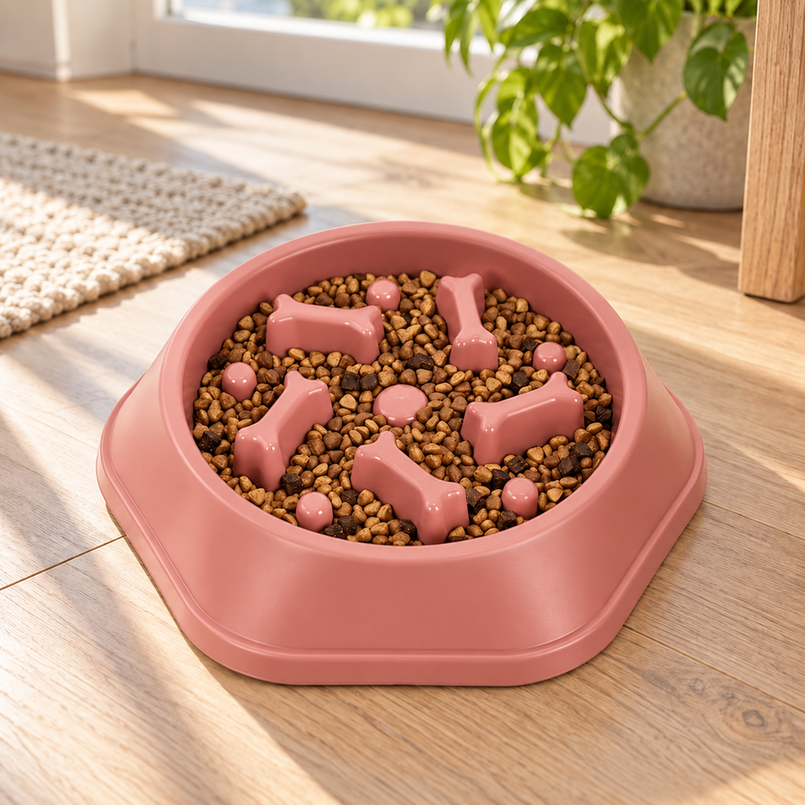 Nordicfall Slow Bowl in red, slow feeder with kibble between the bone-shaped ridges