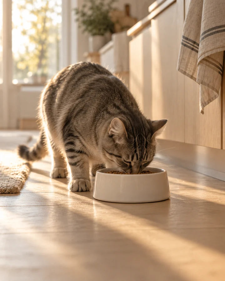 Cat eating from a bowl in a kitchen