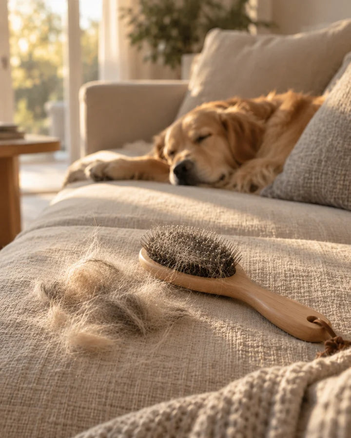 Brush and dog and cat fur on the sofa