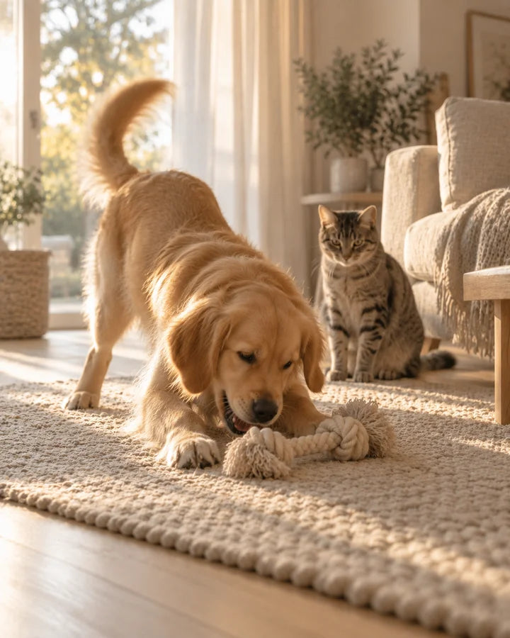 Dog playing with a toy while the cat watches
