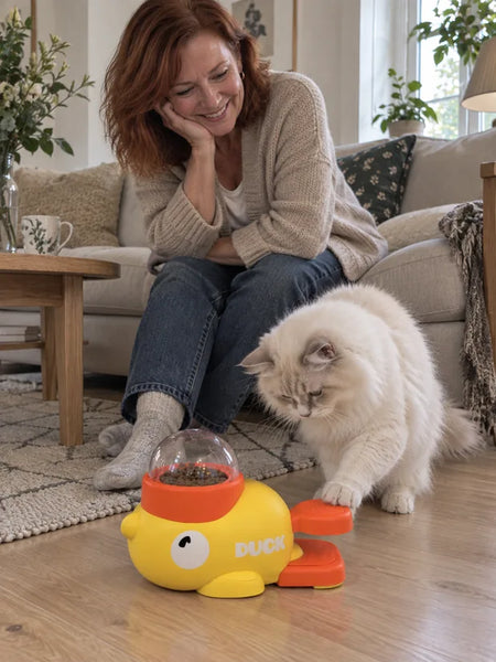 The cat steps on the pedal while its owner watches from the sofa