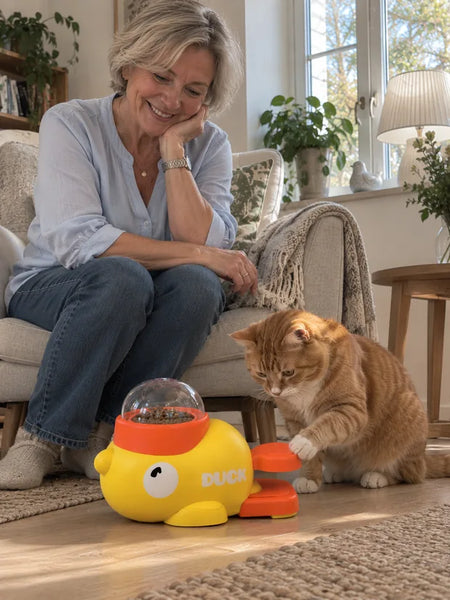 The cat reaches for the pedal in front of the armchair