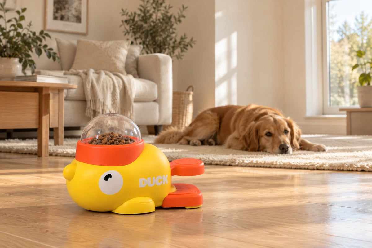 The Duck on a wooden floor in a sunny living room with the dog resting in the background