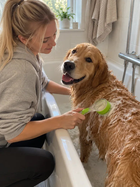 Woman washing her golden retriever in the bathtub with the green brush