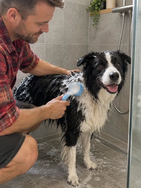 Man washing his border collie in the shower with the blue brush
