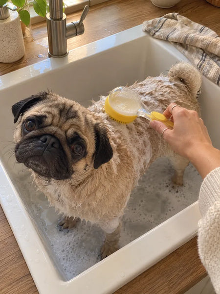 The pug stands in the kitchen sink while the yellow brush lathers its coat