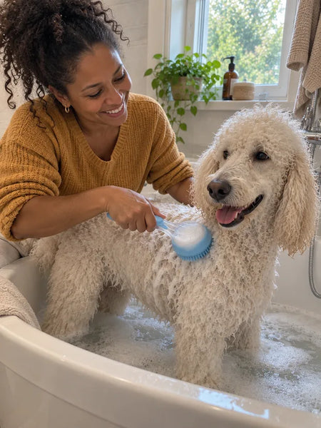 Woman washing her white poodle in the bathtub with the blue brush
