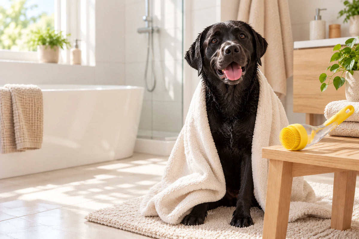 Black Labrador wrapped in a towel after a bath, with the yellow bath brush on the stool beside it