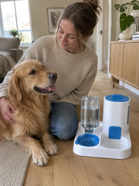 Woman sitting on the floor with her golden retriever next to the feeder