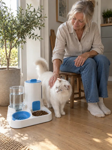 Woman by the window with a cat beside the feeder