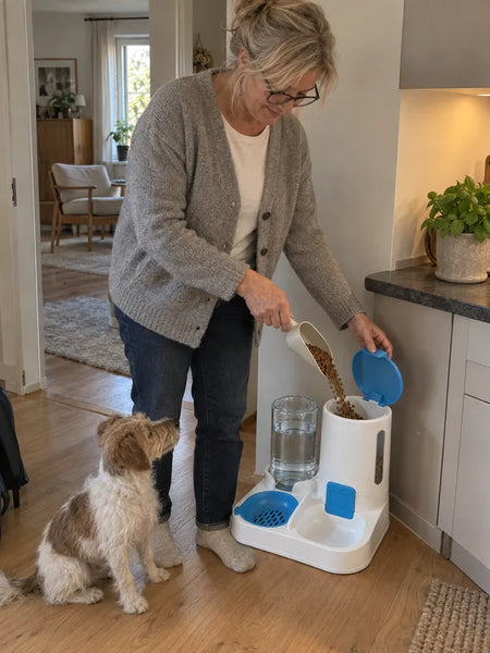 Woman filling the feeder's container with kibble