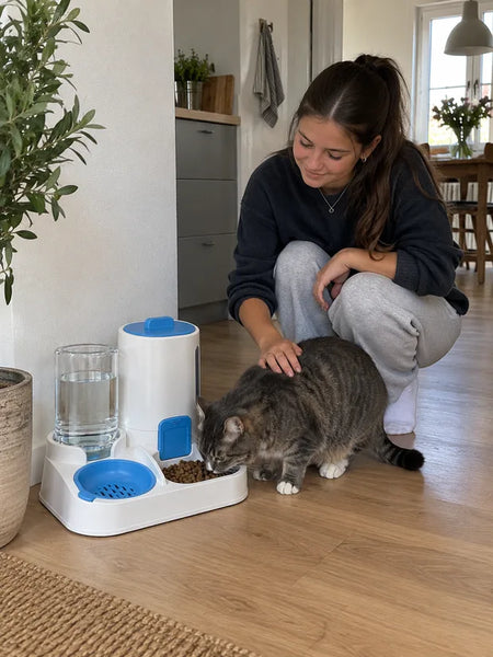 Teenager petting the cat eating from the feeder's bowl