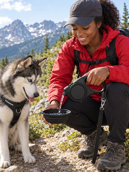 Hiker pouring water from the handle into the bowl for a husky