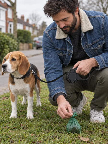 Man picking up after his beagle with a poop bag