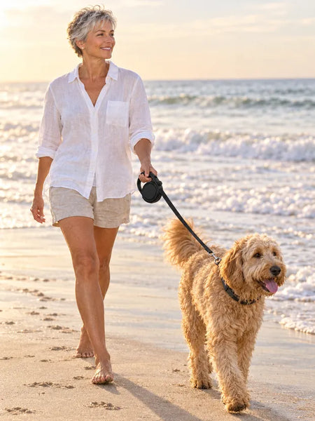Woman walking a doodle on the beach in the morning