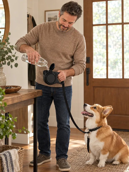 Man filling the bottle in the handle while his corgi waits by the door