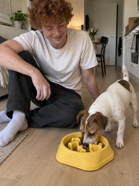 Young man on the floor with a Jack Russell by the yellow bowl