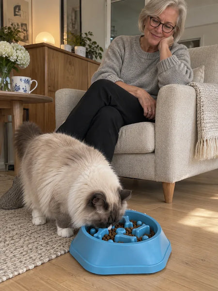 Cat eating from the blue bowl while its owner watches from the armchair