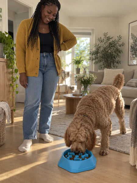 Labradoodle eating from the blue bowl in a sunny living room