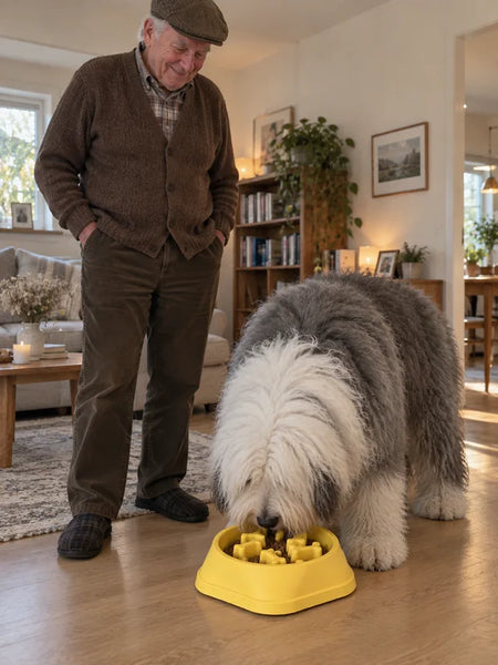 Older man with his dog eating from the yellow bowl