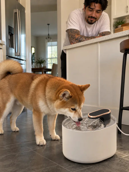 Shiba Inu drinking from the white water fountain in the kitchen