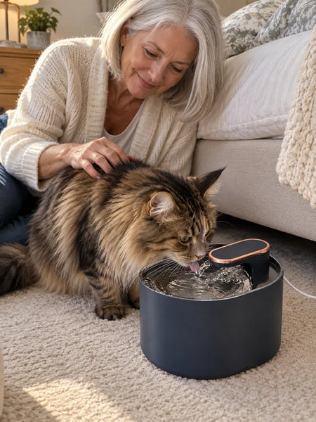 Maine Coon drinking from the blue water fountain while its owner strokes its back