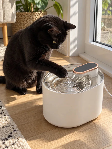 Black cat touching the water stream of the white fountain with its paw