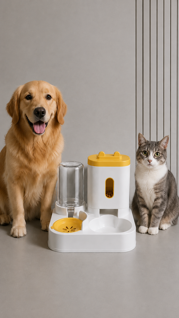 Gravity feeder with a separate water container, with a dog and a cat next to it