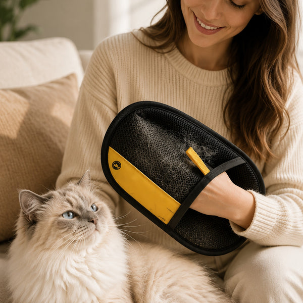 Woman on the sofa holding the Nordicfall Grooming Glove with loose cat hair, next to a light long-haired cat