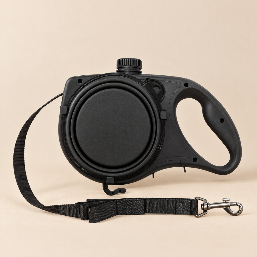 Dog leash with built-in water bottle, collapsible bowl and poop bag dispenser