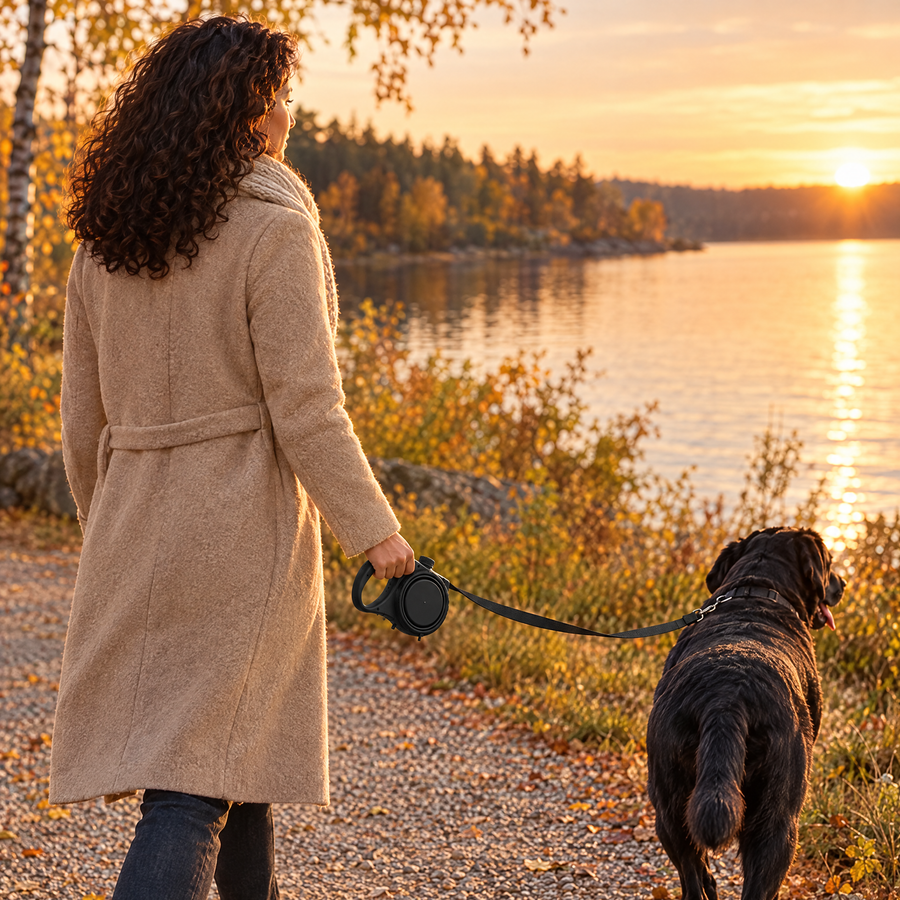 Woman walking a labrador by a lake with the 3-in-1 leash