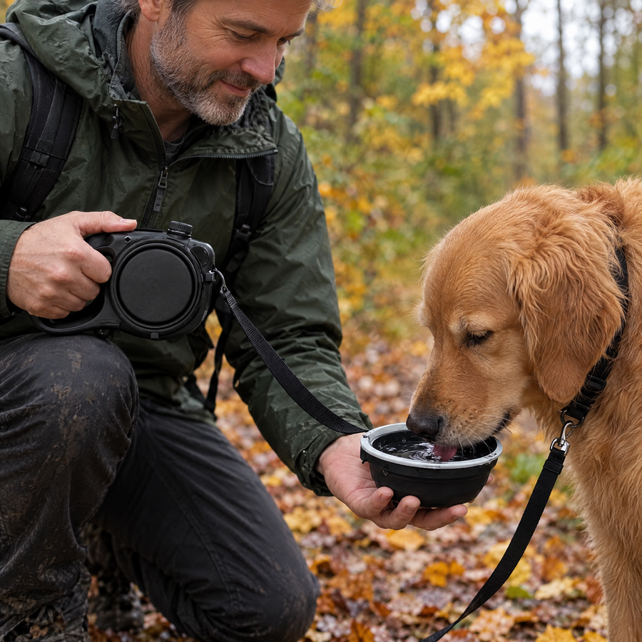 Golden retriever drinking from the leash's collapsible water bowl on a forest walk
