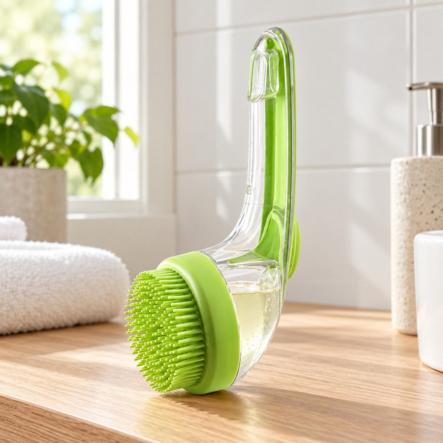Nordicfall Bath Brush in green, bath brush with shampoo in the handle, on a bathroom shelf