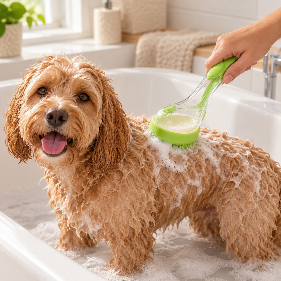 Cockapoo in the bathtub while the bath brush lathers shampoo into the coat on its back