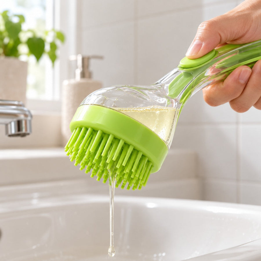 A thumb presses the button and shampoo flows out through the silicone bristles