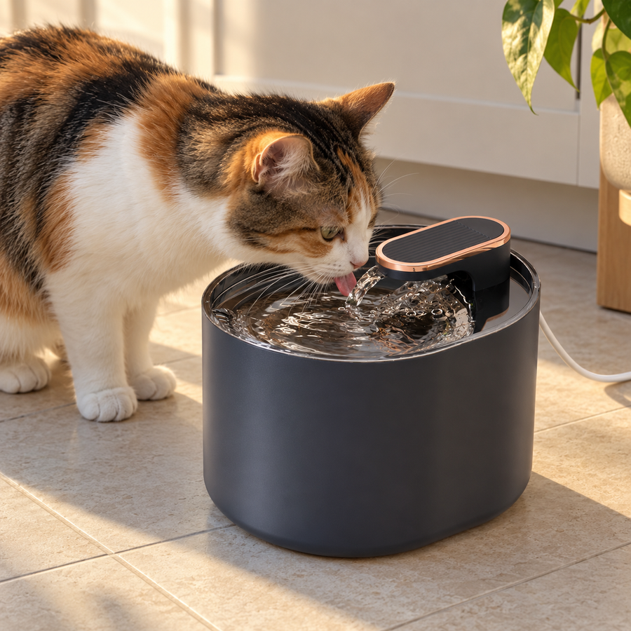 Calico cat drinking from the stream of the water fountain on a kitchen floor