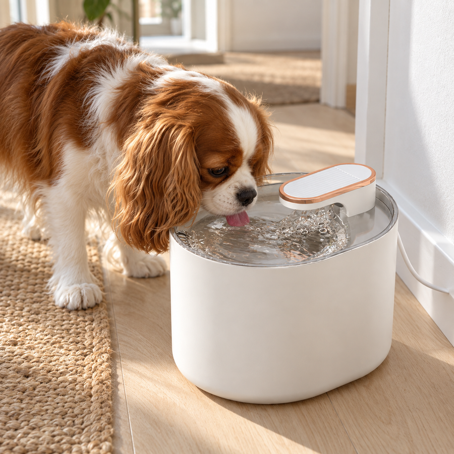 Cavalier King Charles spaniel drinking from the water fountain in a hallway