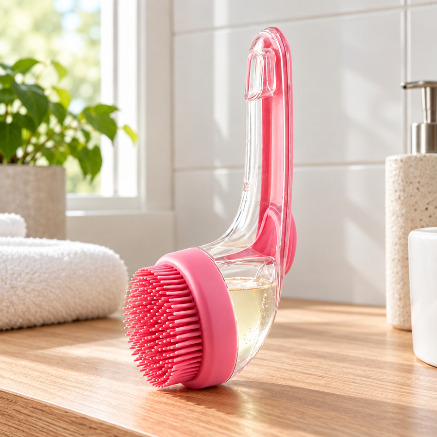 Nordicfall Bath Brush in pink, bath brush with shampoo in the handle, on a bathroom shelf