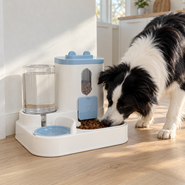 Border collie eating kibble from the Nordicfall Feeder on the kitchen floor