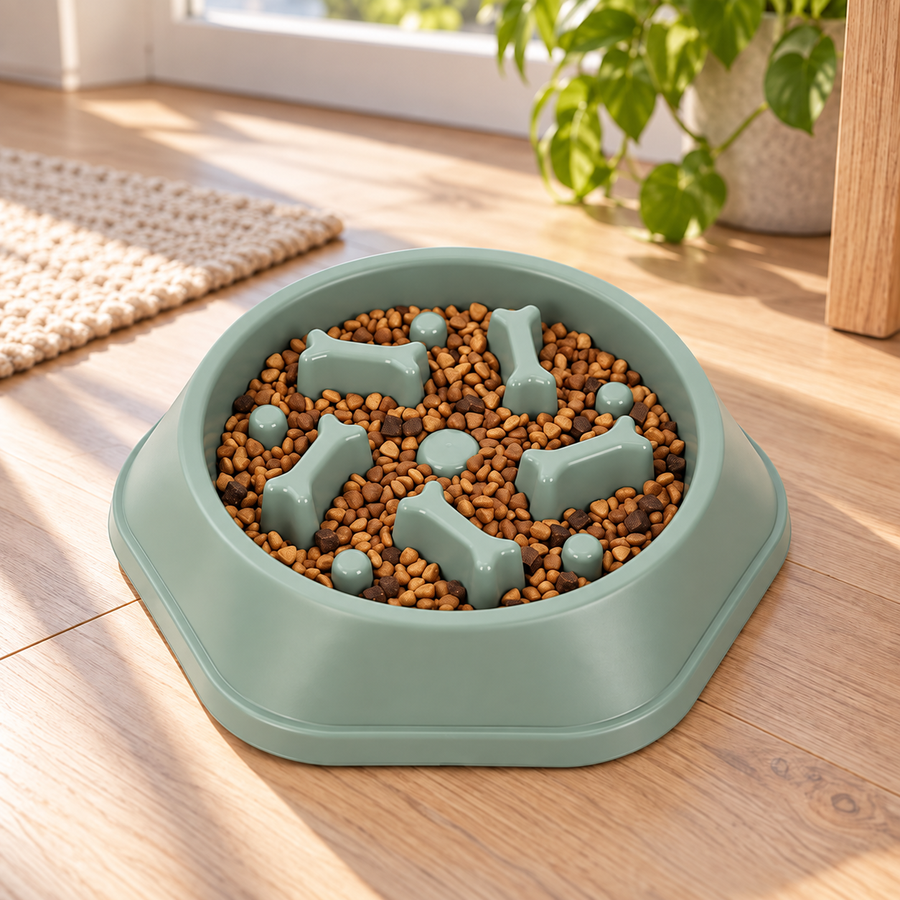 Nordicfall Slow Bowl in green, slow feeder with kibble between the bone-shaped ridges