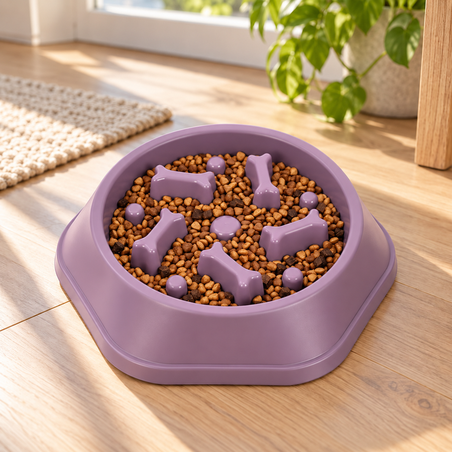 Nordicfall Slow Bowl in purple, slow feeder with kibble between the bone-shaped ridges