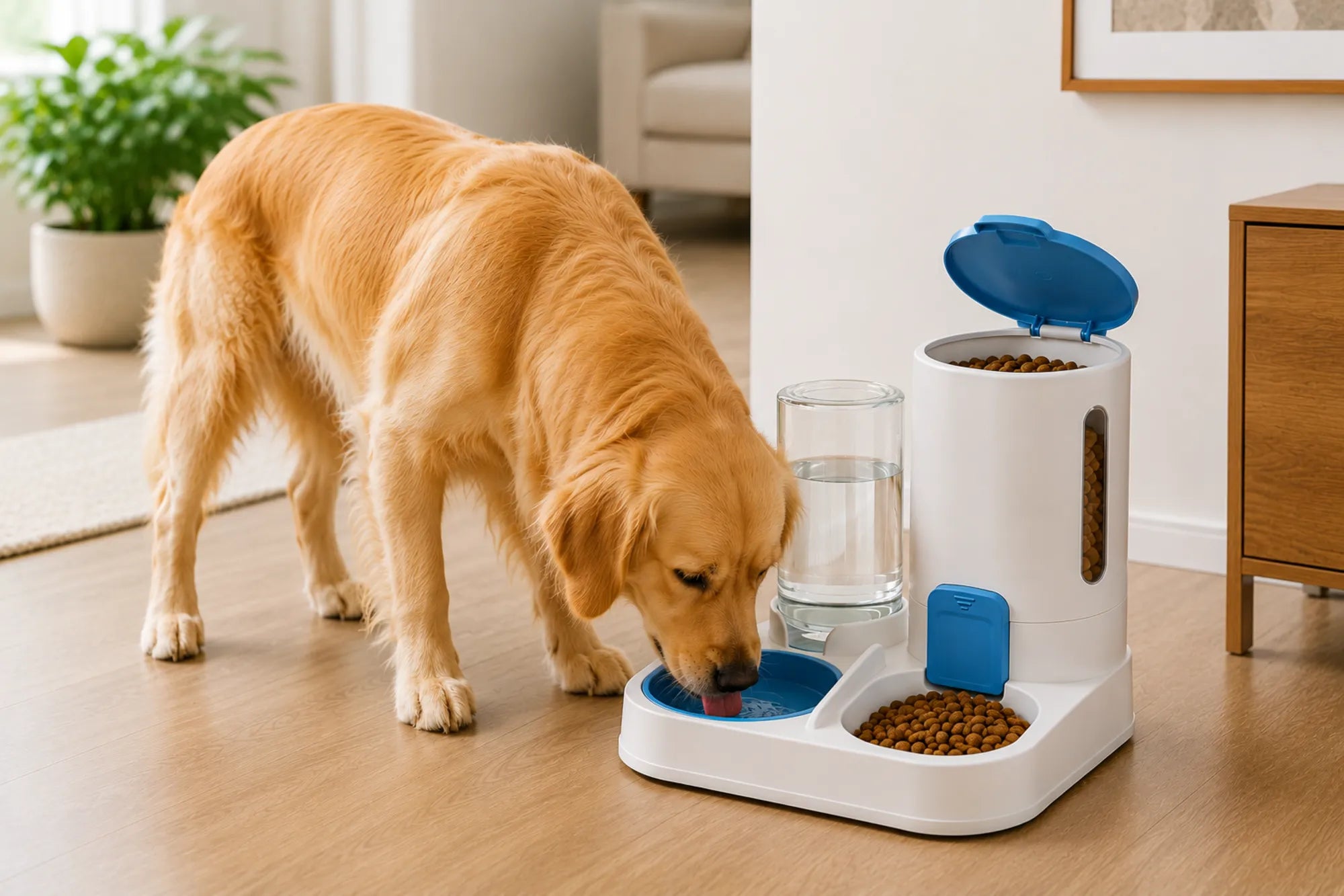 En golden retriever äter från Havn-mataren