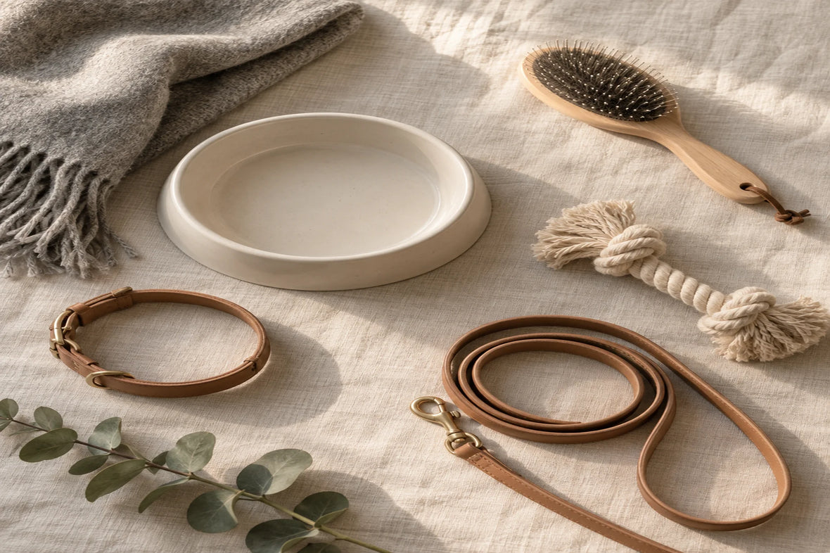 Bowl, brush, leash and toy laid out on linen