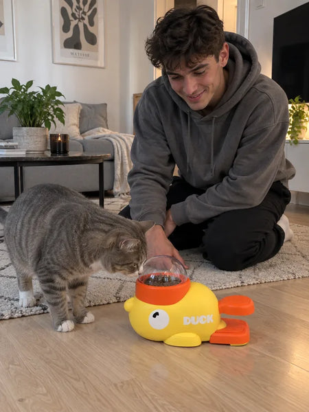 Young man on the floor while the cat sniffs the toy